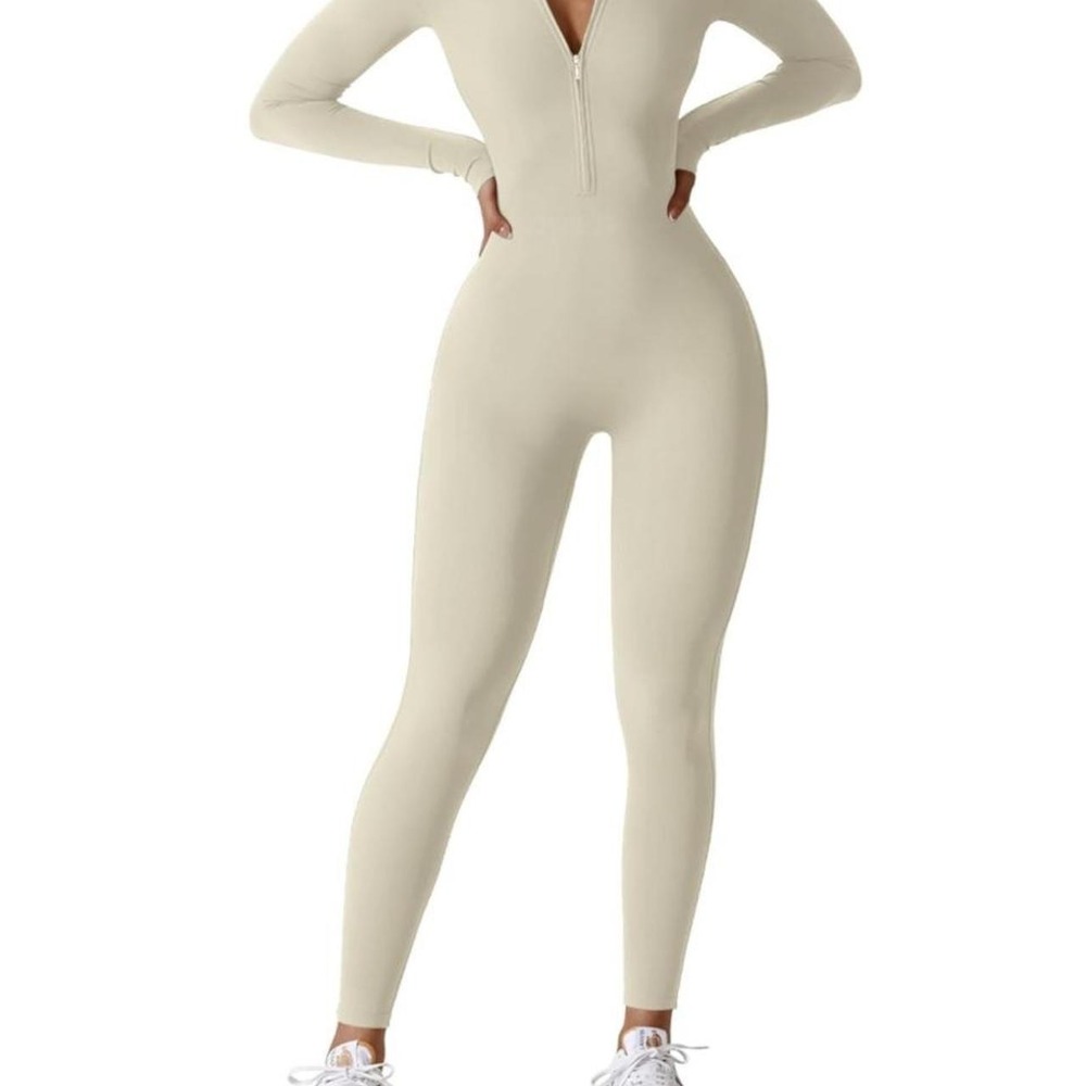 Women's Long Sleeve Workout Jumpsuit Zip Up Romper Bottom Pants Bodysuit